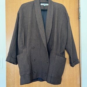 Vtg Norma Kamali Brown Houndstooth Skirt Blazer Suit Set 80s 90s